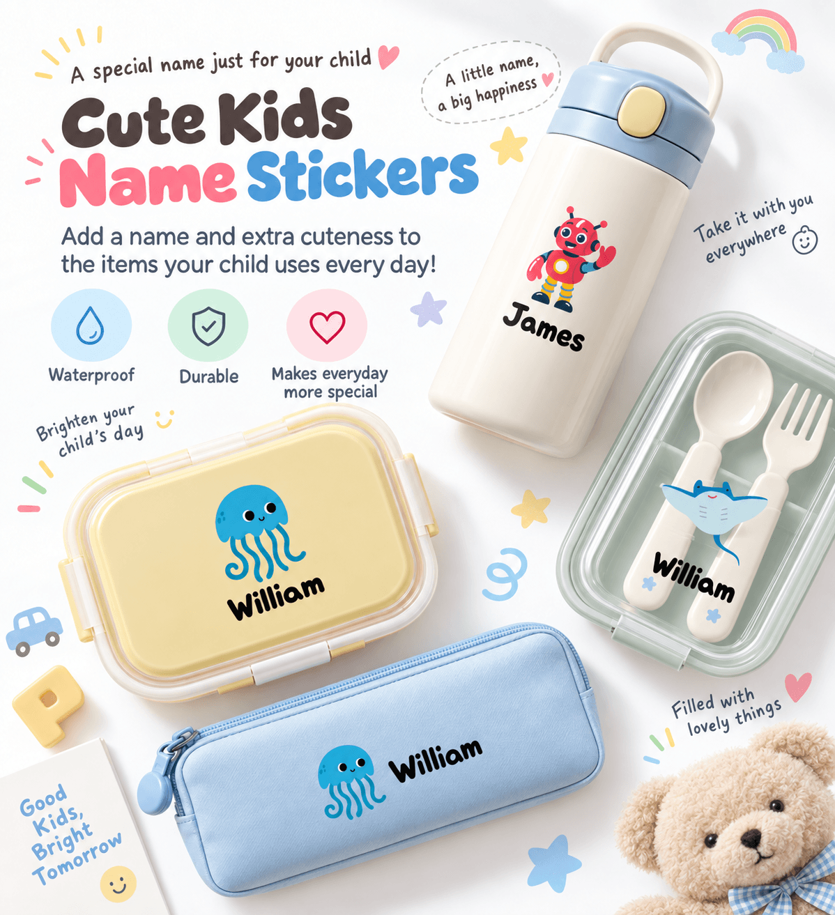 Cute Kids Name Stickers — waterproof, durable, and made to brighten your child's everyday items