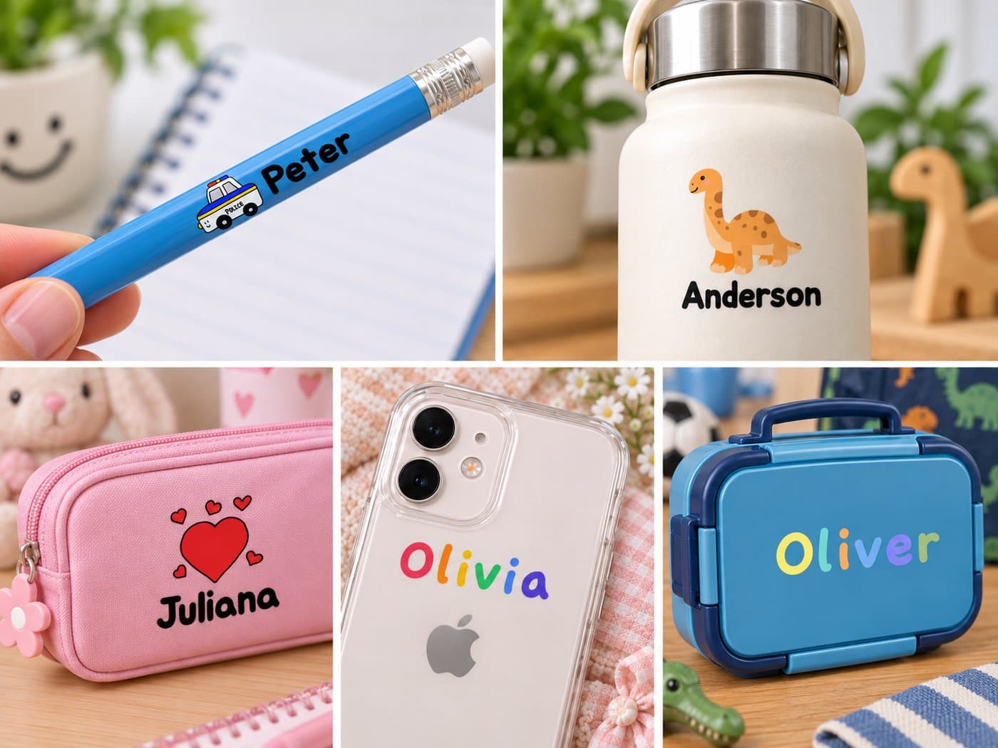 Personalized waterproof name labels and character stickers applied to a water bottle, lunch box, and school supplies