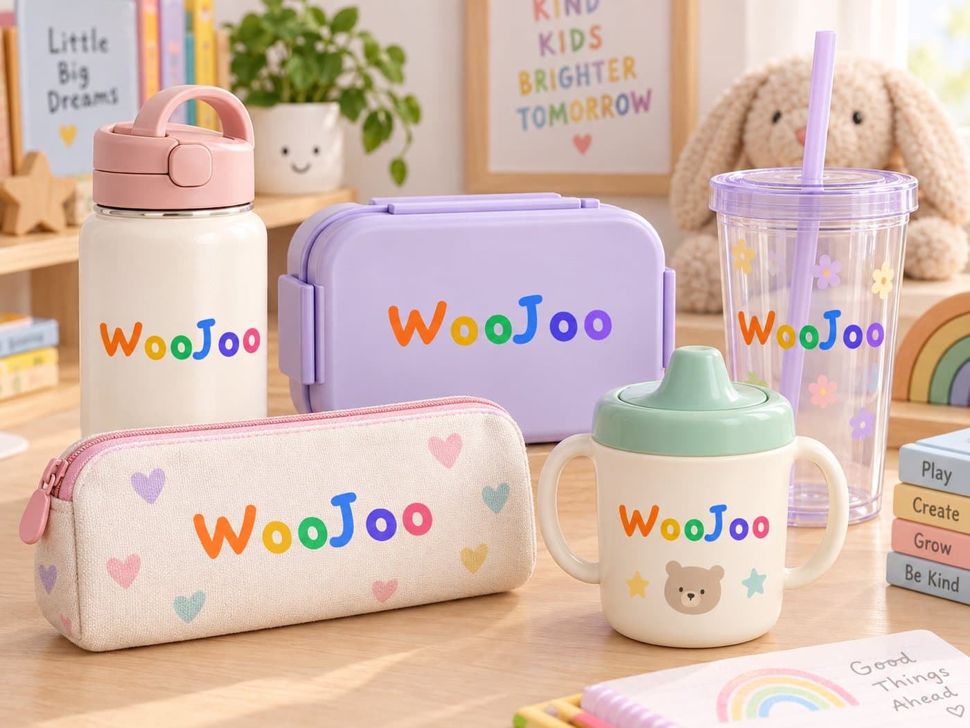 The same custom name label design applied across a water bottle, lunch box, pencil case, and sippy cup