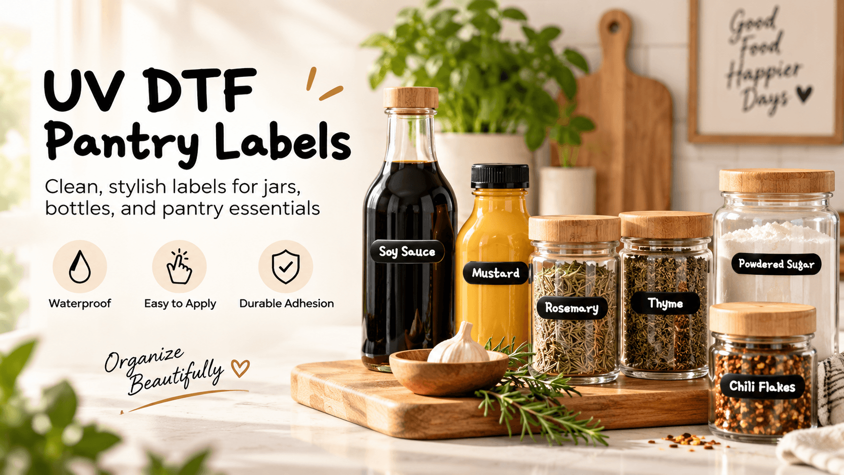 UV DTF Pantry Labels โ clean, stylish labels for jars, bottles, and pantry essentials. Waterproof, easy to apply, durable adhesion.